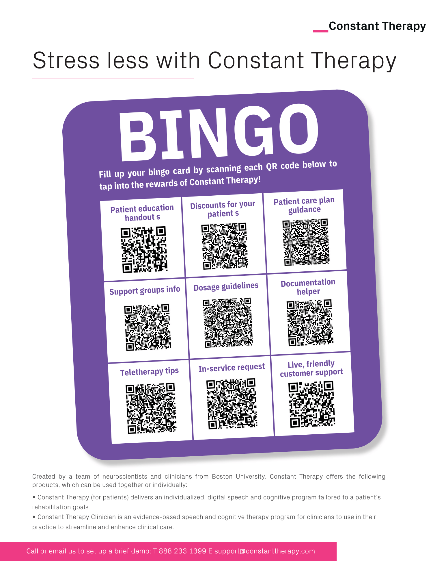 Scan the QR codes on this Bingo flyer to access clinician resources. 